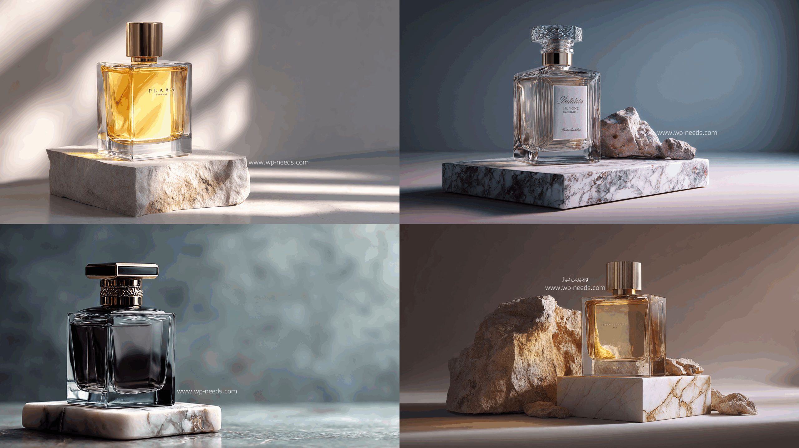 بهترین پرامپتها برای تولید تصویر محصول با هوش مصنوعی (Chatgpt و Midjourney) چیست؟ 2 عکاسی محصول از یک شیشه عطر لوکس با طراحی مینیمال، روی یک سکوی مرمر سفید، پسزمینه خاکستری ساده، سبک عکاسی تبلیغاتی مدرن، نورپردازی استودیویی ملایم، زاویه دوربین از پایین، نمای نزدیک، بسیار باکیفیت