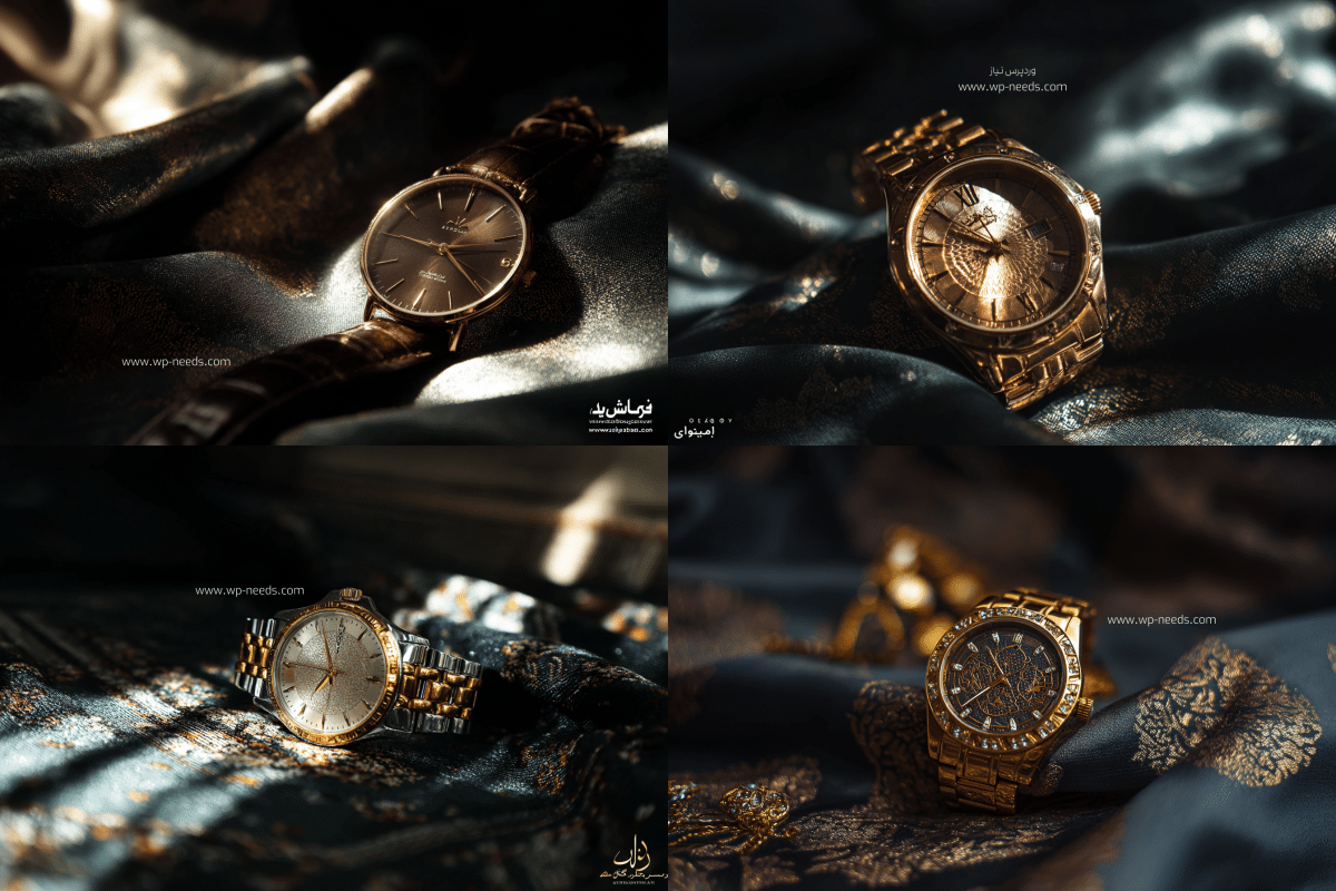 بهترین پرامپتها برای تولید تصویر محصول با هوش مصنوعی (Chatgpt و Midjourney) چیست؟ 3
عکاسی محصول از یک ساعت مچی طلایی روی یک پارچه مخمل مشکی، نورپردازی دراماتیک با سایههای عمیق، پسزمینه تیره و بوکه، فوکوس روی جزئیات ساعت، سبک تبلیغاتی لوکس