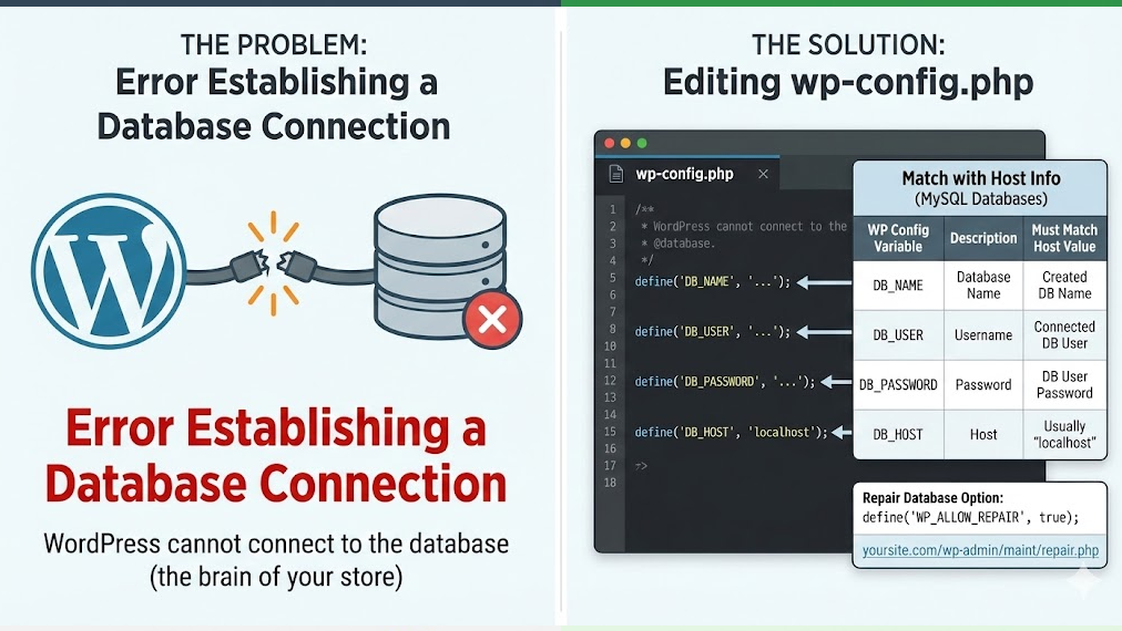 راهنمای جامع حل مشکلات رایج ووکامرس؛ عیبیابی سریع ارورها و کندی فروشگاه 4 ارور Error Establishing A Database Connection در ووکامرس به چه معناست؟