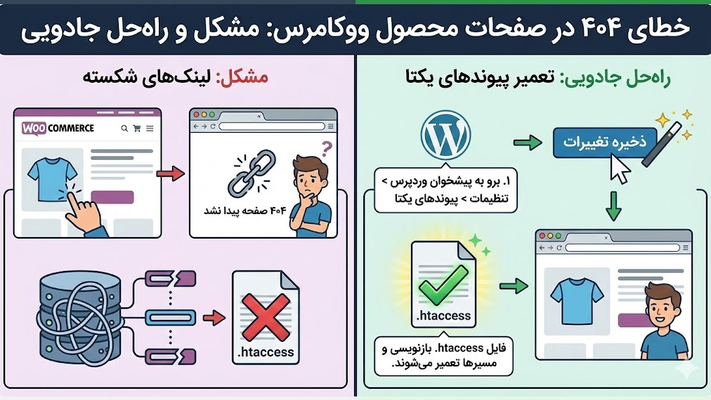 راهنمای جامع حل مشکلات رایج ووکامرس؛ عیبیابی سریع ارورها و کندی فروشگاه 6 خطای ۴۰۴ در صفحات محصول: چرا لینکها شکسته شدهاند؟