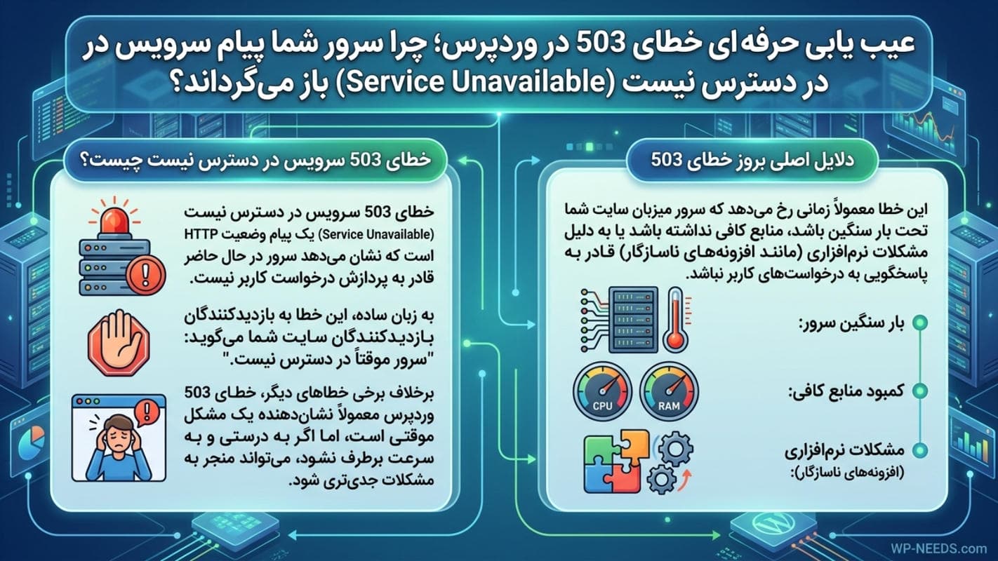 خطای 503 در وردپرس | 9 روش حل قطعی خطای Service Unavailable وردپرس 1 بررسی ریشهیابی تخصصی ارور 503 در وردپرس؛ چرا سرور شما پیام Service Unavailable را برمیگرداند؟