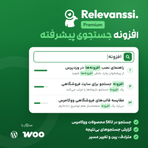 تصویر Relevanssi Premium با لوگوی سفید روی زمینه سبز و جستجوی «افزونه» که نوشته‌های «افزونه» و «افزونه‌ها» را پیدا کرده است.