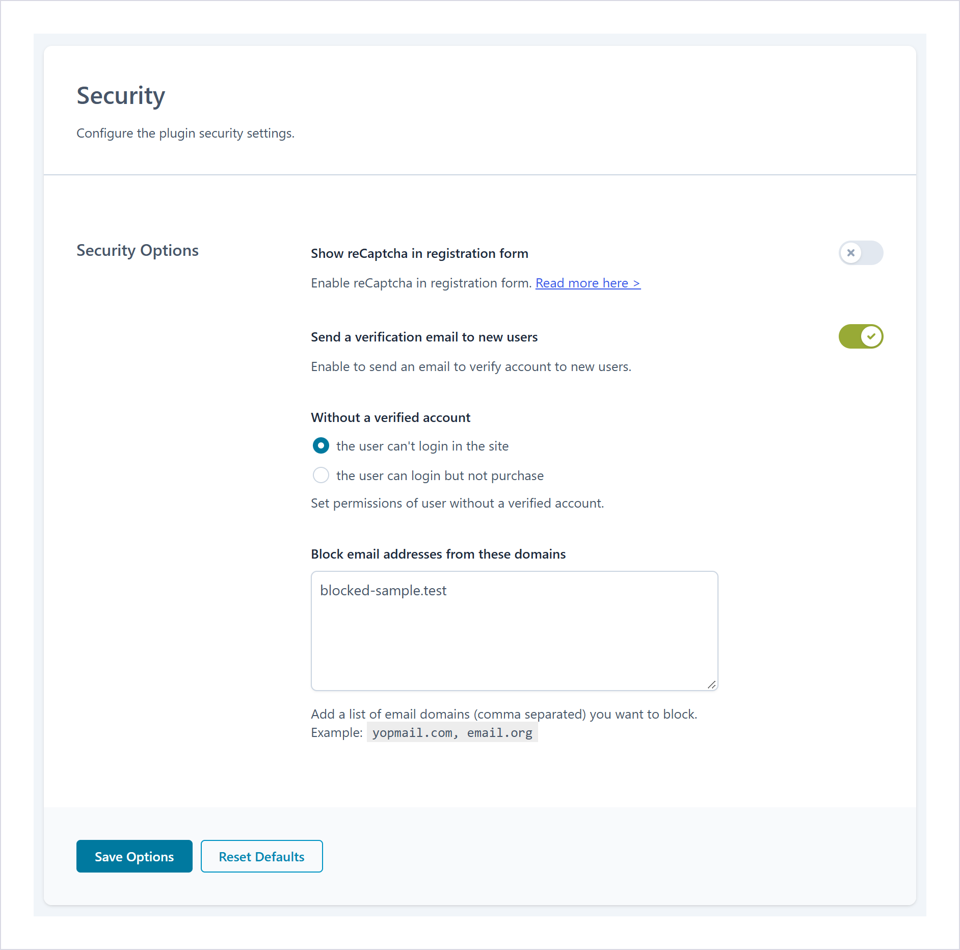 افزونه ویرایشگر صفحه حساب کاربری ووکامرس | Yith Customize My Account Page Premium 3 تنظیمات امنیت ثبتنام: Recaptcha، ایمیل تأیید و دامنههای ممنوع