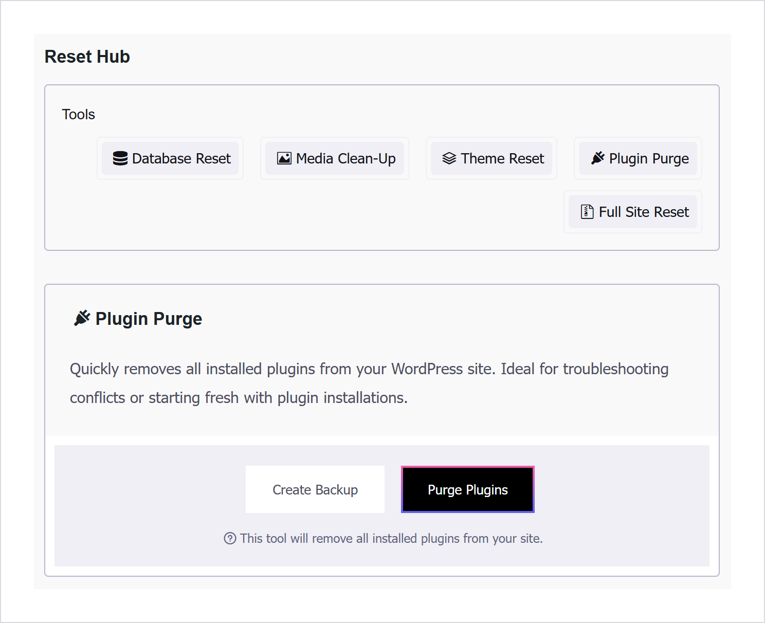 افزونه بکاپ و انتقال کامل سایت | All-In-One Wp Migration Unlimited Extension 2 صفحه مرکز ریست با فهرست ابزارها و کارت Plugin Purge