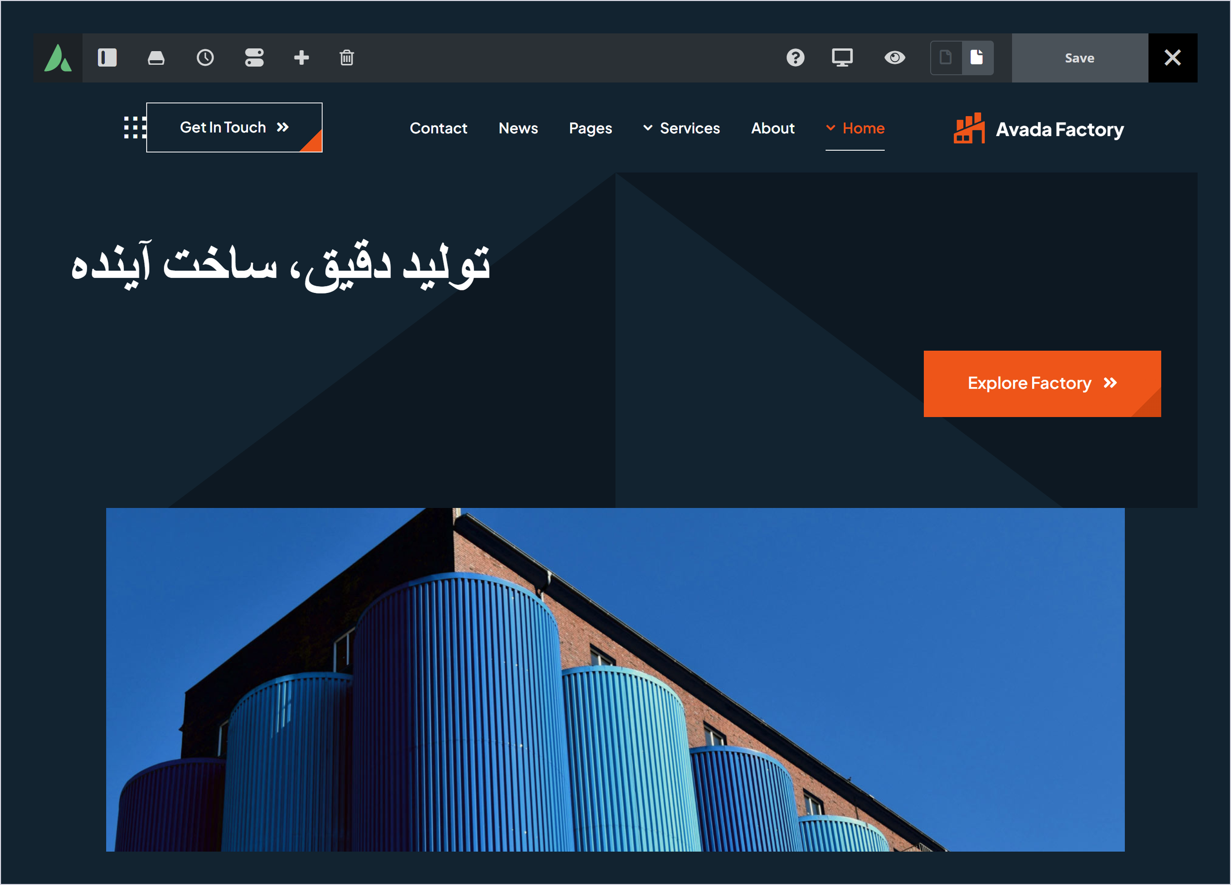 قالب وردپرس چند منظوره آوادا Avada 3 ویرایشگر زنده آوادا باز شده روی صفحه اصلی دموی Factory