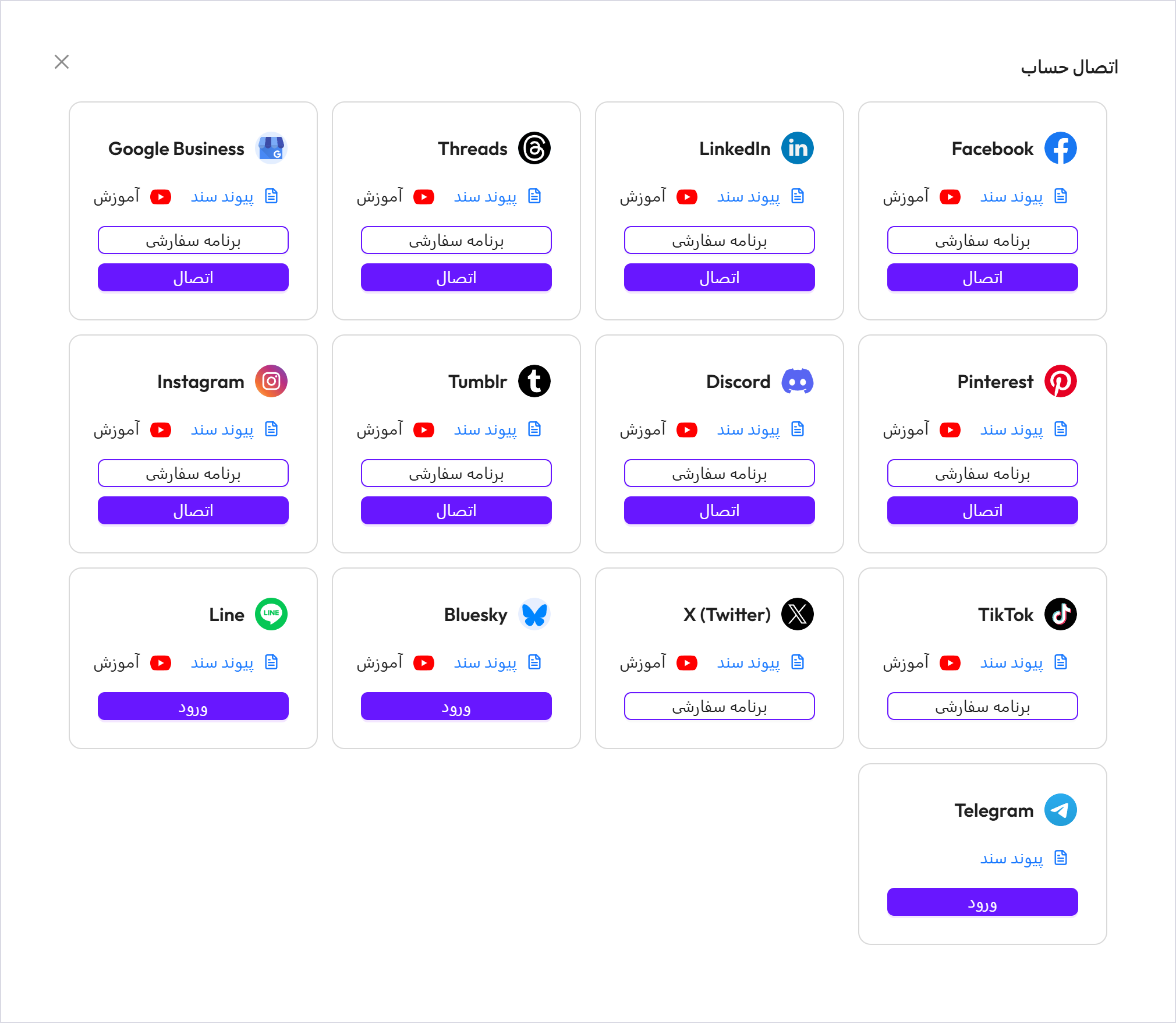 افزونه اتوماسیون انتشار محتوای وردپرس در سوشال مدیا | Bit Social Pro 1 پنجره اتصال حساب در پنل افزونه با کارت هر شبکه