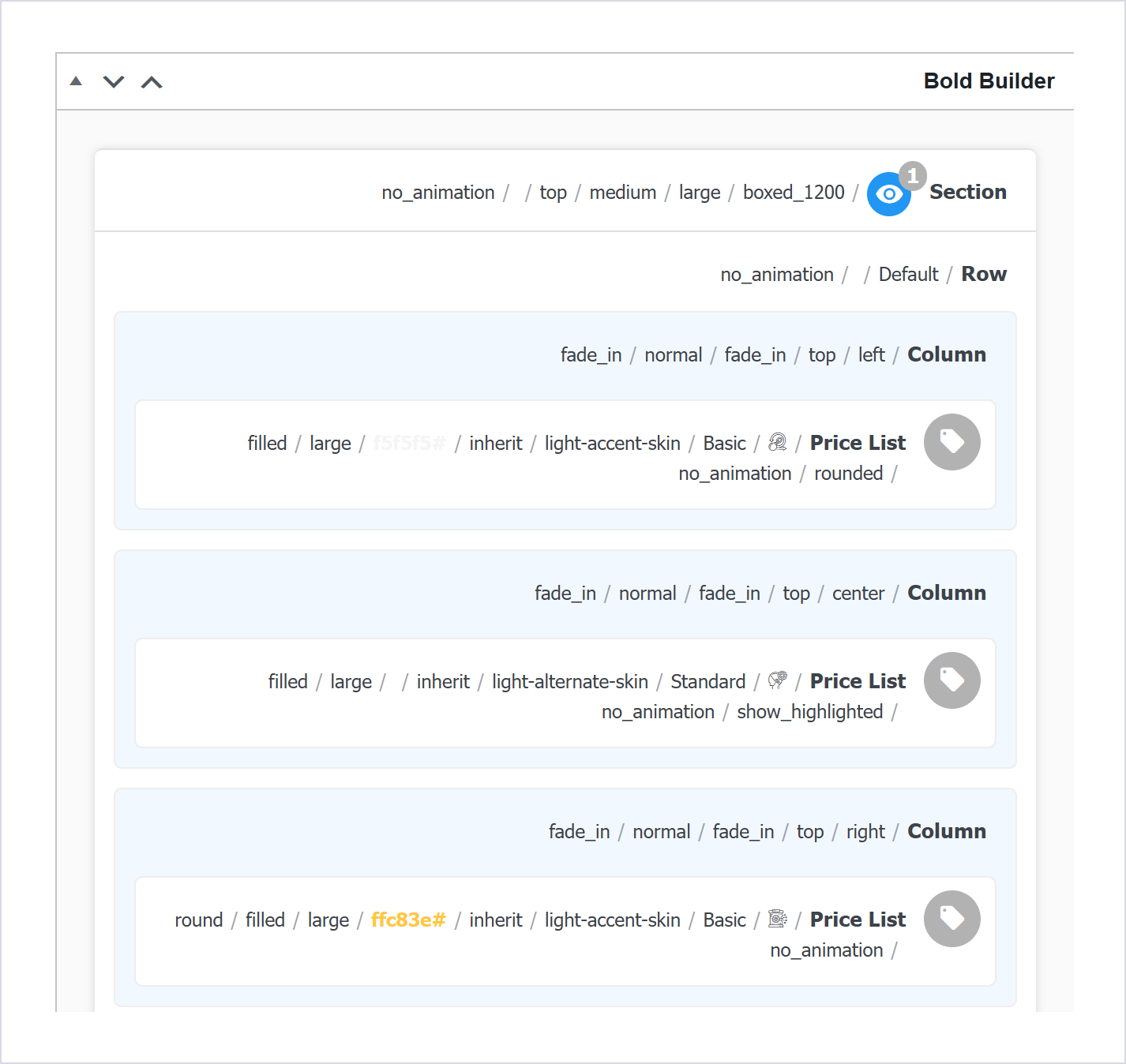 جعبه Bold Builder روی برگه‌ای از دمو با سه ستون و المان لیست قیمت