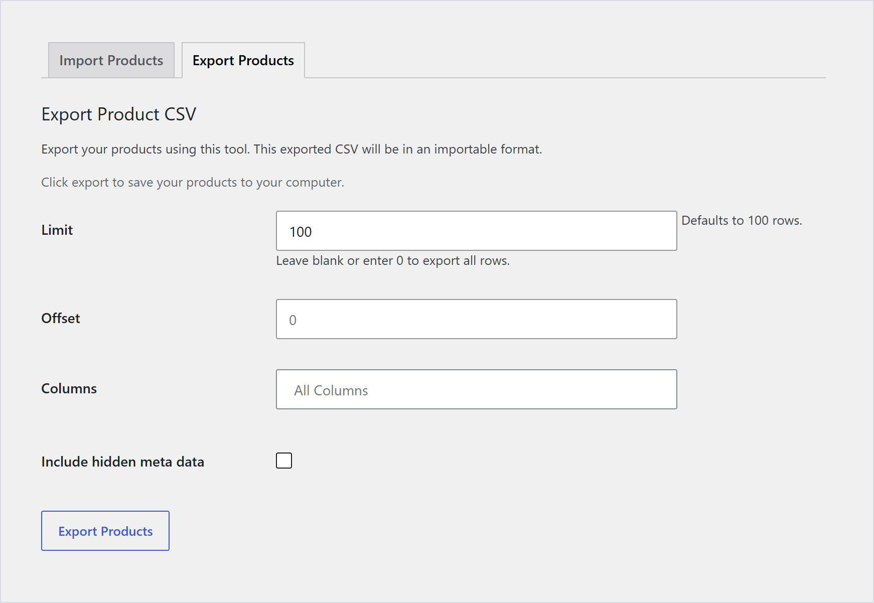 افزونه درونریزی محصولات از فایل سی اس وی در ووکامرس | Woocommerce Product Csv Import Suite 3 تب برونریزی افزونه Csv Import Suite با فیلدهای Limit و Offset و Columns