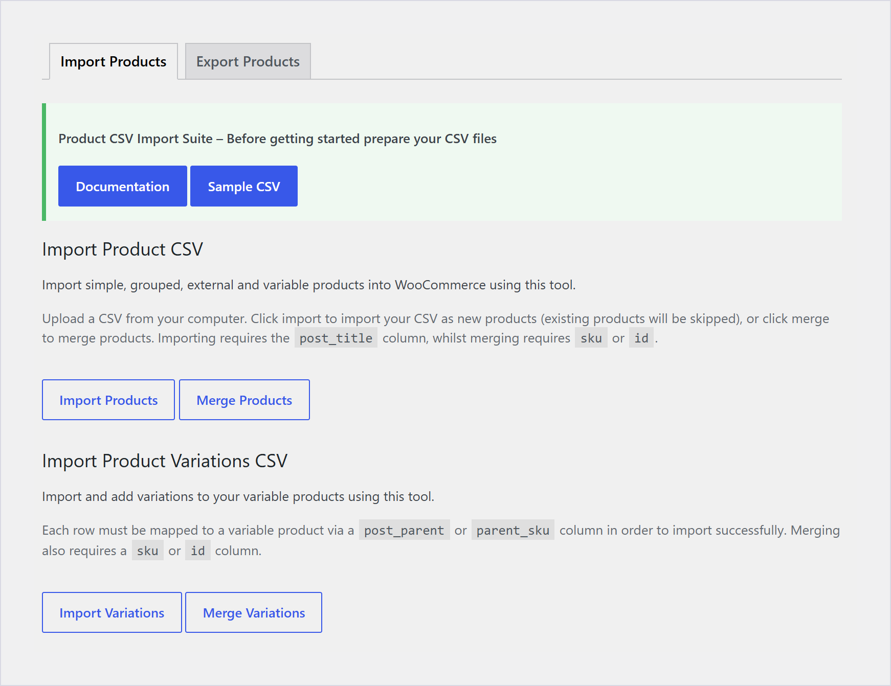 افزونه درونریزی محصولات از فایل سی اس وی در ووکامرس | Woocommerce Product Csv Import Suite 1 صفحه اصلی افزونه Csv Import Suite در ووکامرس با دکمههای درونریزی و ادغام محصول و متغیر