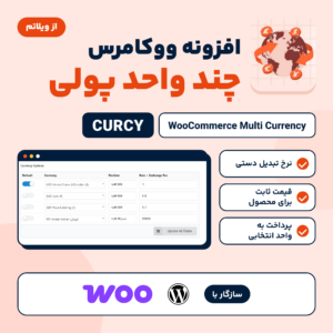 تصویر افزونه چند واحد پولی ووکامرس CURCY با کره زمین و سکه‌ها از کاور سازنده و جدول واحدهای پولی و نرخ‌ها در تنظیمات افزونه