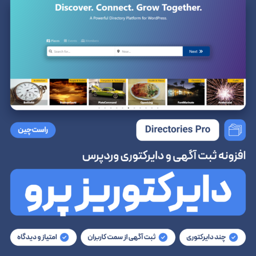 تصویر افزونه ثبت آگهی و دایرکتوری دایرکتوریز پرو با لوگوی افزونه، نوار جست‌وجو و ردیفی از کارت آگهی‌ها