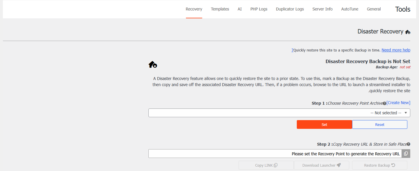 افزونه بکاپ داپلیکیتور پرو | Duplicator Pro 2 صفحه Disaster Recovery در داپلیکیتور پرو برای انتخاب بکاپ نقطه بازیابی