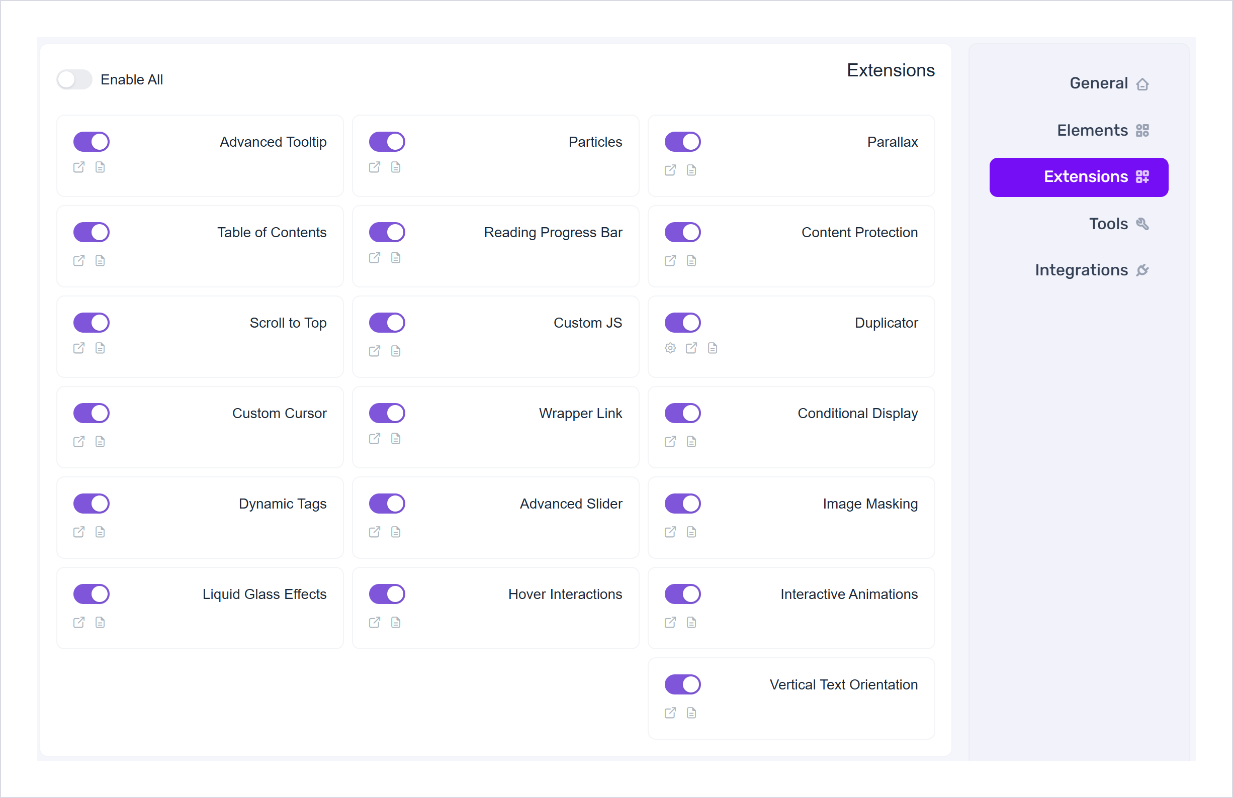 افزودنی Essential Addons Pro المنتور | Essential Addons For Elementor – Pro 2 تب Extensions در تنظیمات Essential Addons با کلید روشن و خاموش هر قابلیت