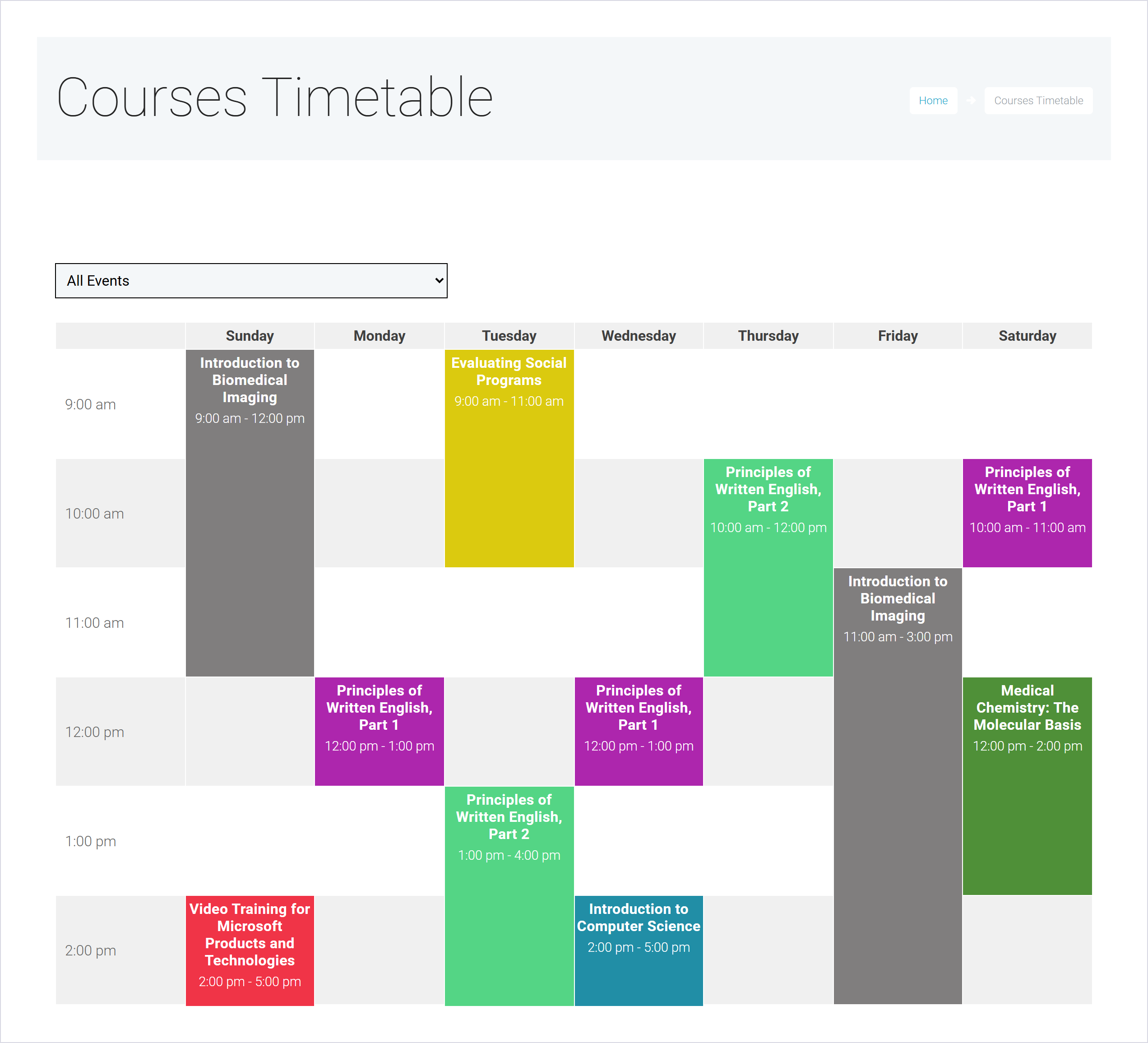 قالب وردپرس آموزشگاهی | Education Center 1 جدول هفتگی کلاسها در صفحه Courses Timetable از دموی قالب Education Center