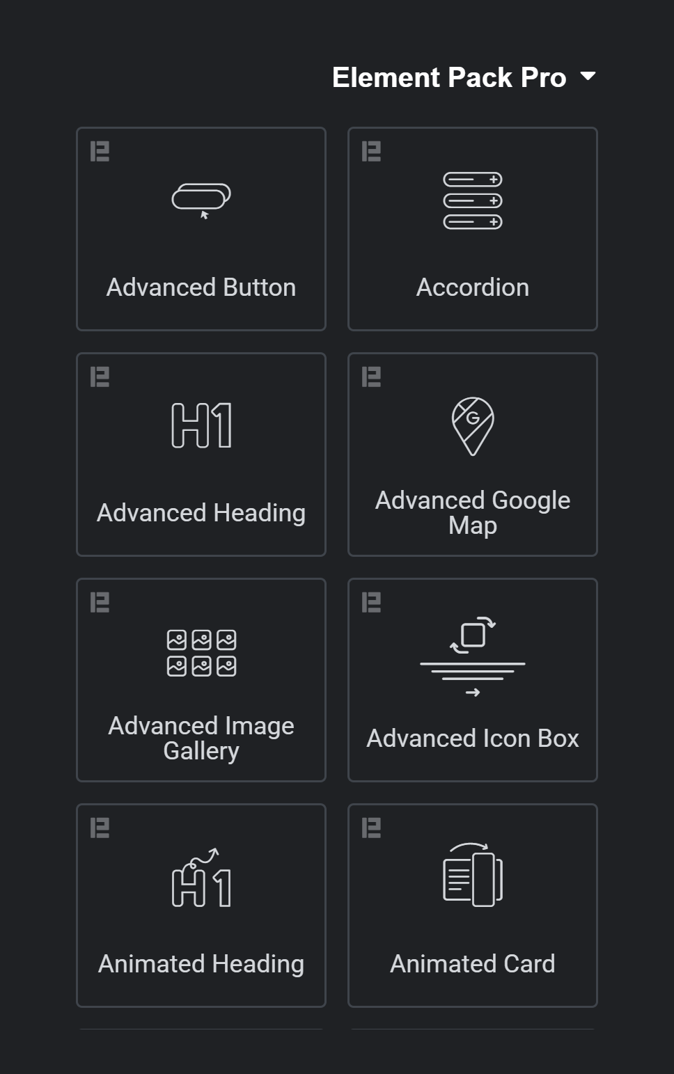 افزونه صفحه ساز المنت پک برای المنتور | Element Pack – Addon For Elementor 1 گروه ابزارکهای المنت پک در پنل المنتور