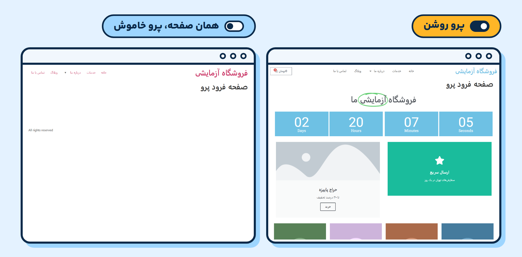 تفاوت المنتور رایگان و پرو: اگر پرو را خاموش کنید چه میماند؟ 2 دو نمای کنار هم از یک صفحه آزمایشی: سمت راست با پرو روشن، با شمارنده معکوس، کارتها، محصولات و هدر قالبساز؛ سمت چپ با پرو خاموش، با بخش اصلی خالی و هدر و فوتر ساده قالب