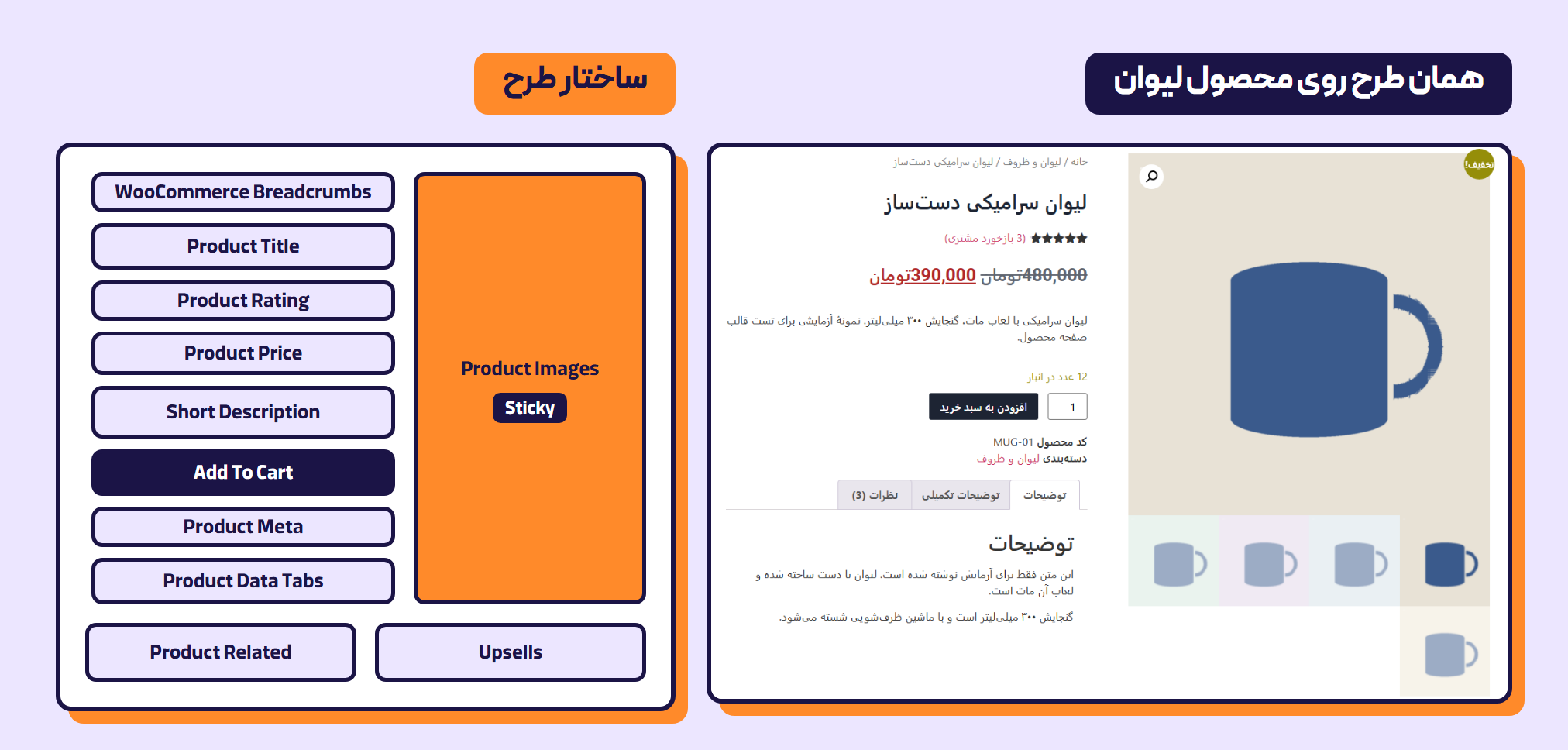 طراحی صفحه محصول با المنتور: چرا گالری در قالب بلوکی دیده نمیشود؟ 1 سمت راست صفحه محصول لیوان با طرح Single Product روی Hello Elementor، و سمت چپ نمودار ساختار طرح: ستون گالری با Product Images و برچسب Sticky، ستون ابزارکها، و زیر آنها Upsells و Product Related