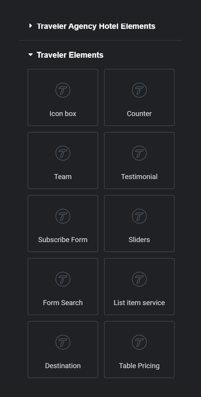 دسته ابزارک‌های Traveler Elements در پنل ویرایشگر Elementor