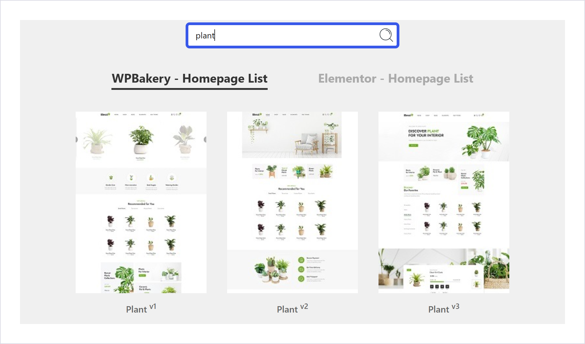 فهرست طرح‌های صفحه اصلی در بخش Import More Demos قالب السی با دو زبانه Wpbakery و Elementor و سه طرح گیاه