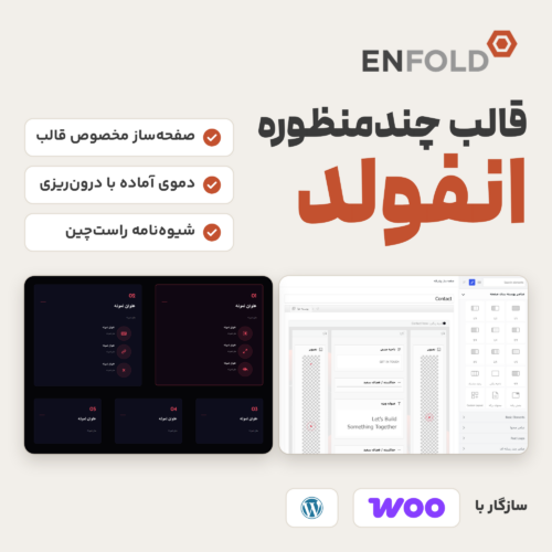 تصویر محصول قالب چندمنظوره انفولد با لوگوی انفولد، سه ویژگی قالب، دو نمونه صفحه و نشان‌های ووکامرس و وردپرس