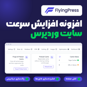 تصویر افزونه FlyingPress با نشان آن و نمایی از داشبورد کش و بهینه‌سازی سرعت وردپرس