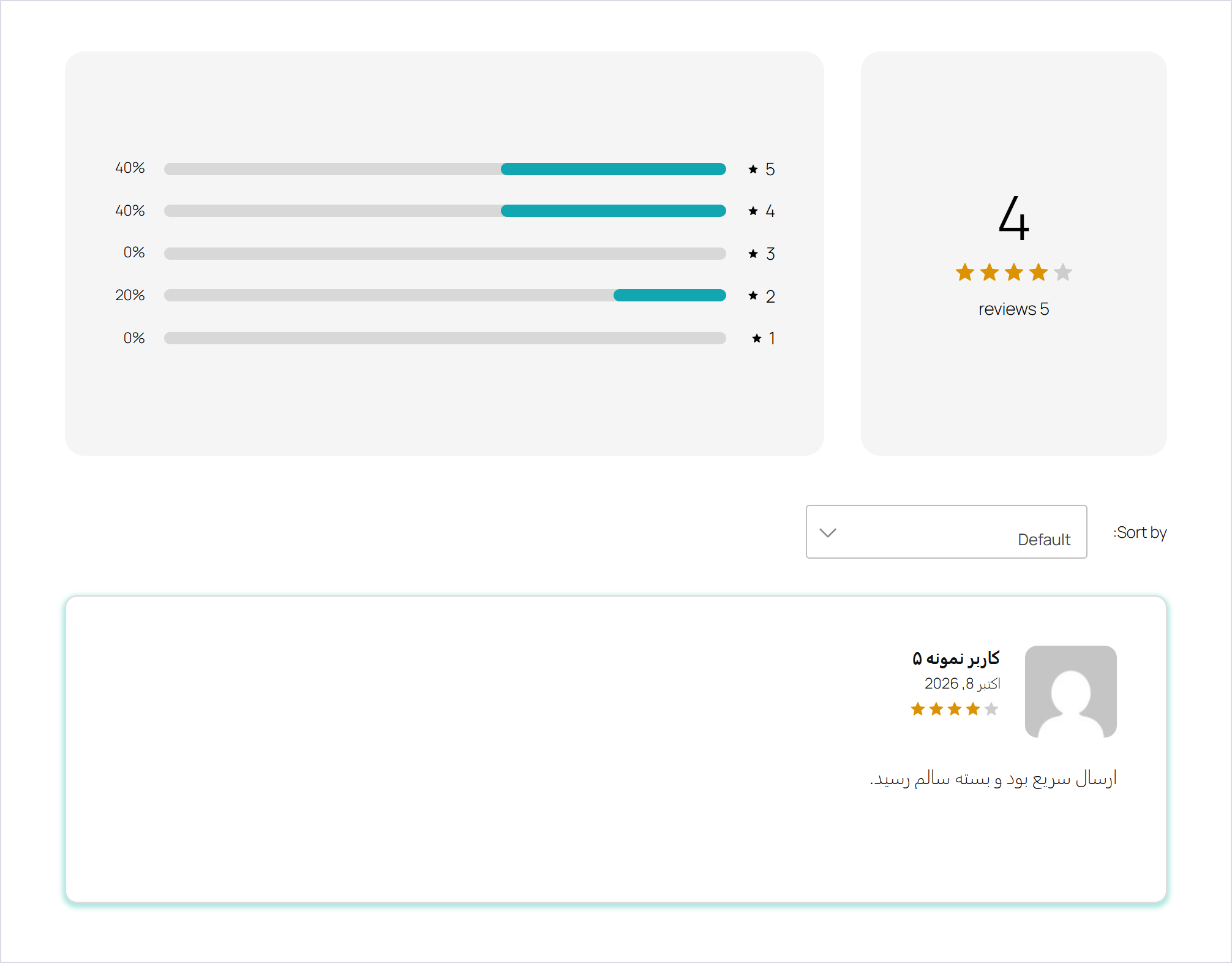 افزونه نظرسنجی پیشرفته ووکامرس | Yith Woocommerce Advanced Reviews 1 بخش نظرات یک محصول ووکامرس در وردپرس فارسی: میانگین، نمودار ستارهها، فهرست مرتبسازی و یک نظر