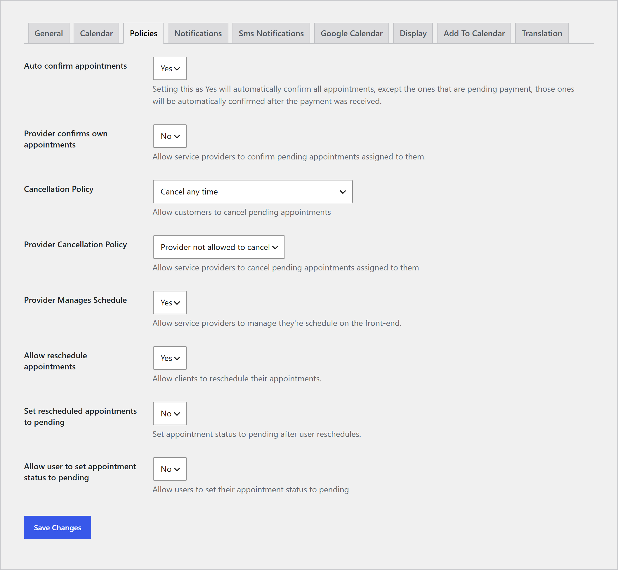 افزونه رزرو قرار ملاقات برای گرویتی فرمز | Gappointments – Appointment Booking Addon For Gravity Forms 3 زبانه Policies در تنظیمات افزونه با گزینههای تأیید خودکار، لغو، جابهجایی و مدیریت برنامه ارائهدهنده
