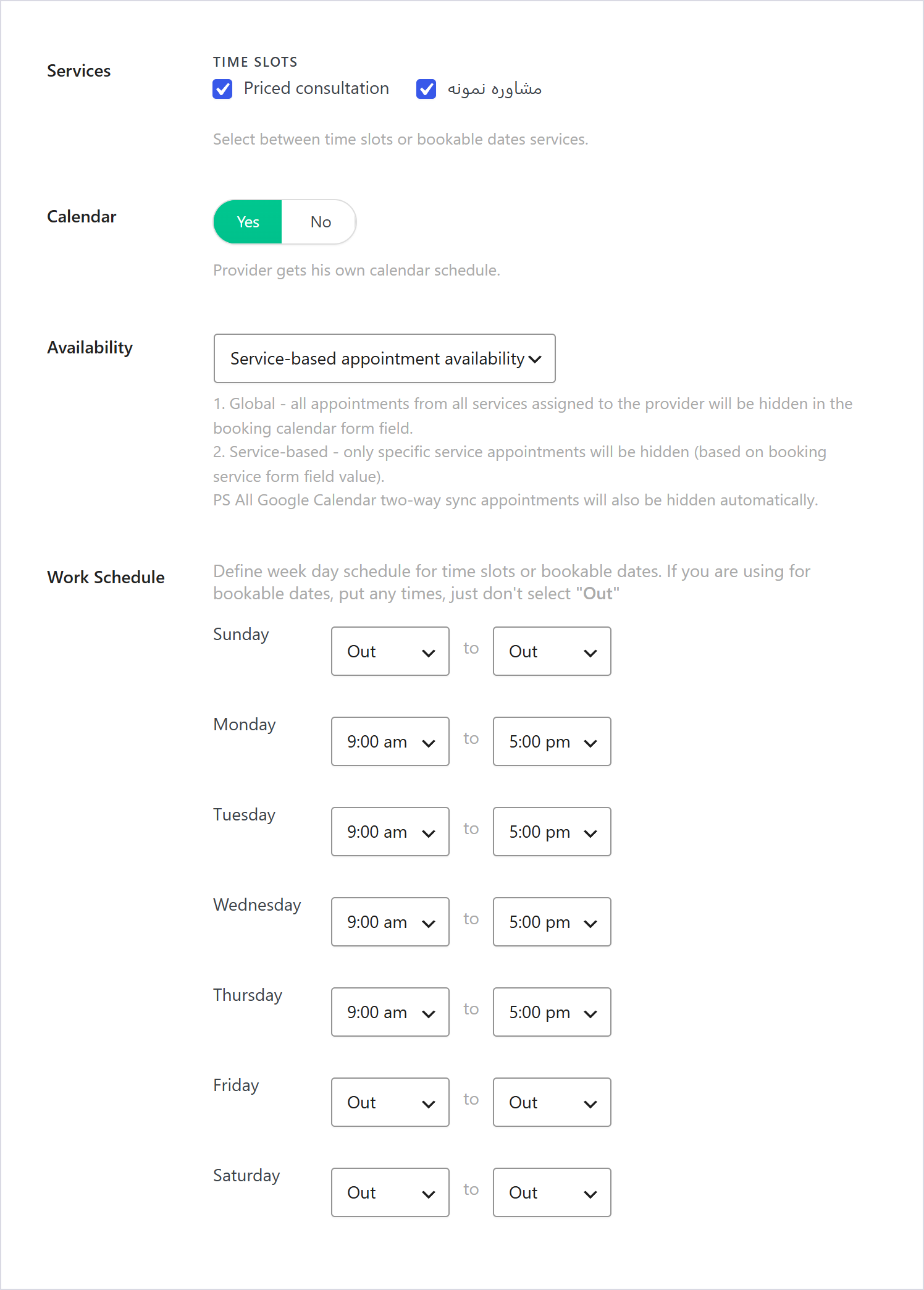 افزونه رزرو قرار ملاقات برای گرویتی فرمز | Gappointments – Appointment Booking Addon For Gravity Forms 1 صفحه ارائهدهنده در پیشخوان با خدمتها، گزینه Calendar و ساعت کاری هر روز هفته