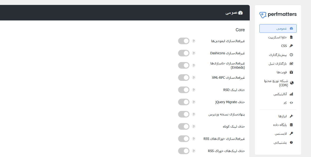 تب عمومی تنظیمات Perfmatters در پیشخوان فارسی با کلیدهای غیرفعال‌سازی ایموجی، Dashicons، جاسازی‌ها و Xml-Rpc