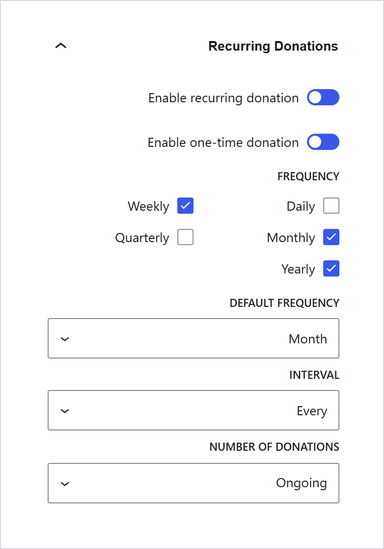 افزونه کمک مالی دورهای گیو | Give – Recurring Donations 1 کادر Recurring Donations در سازنده فرم Give: کلیدهای دورهای و یکباره، بازهها، بازه پیشفرض، فاصله و تعداد پرداخت