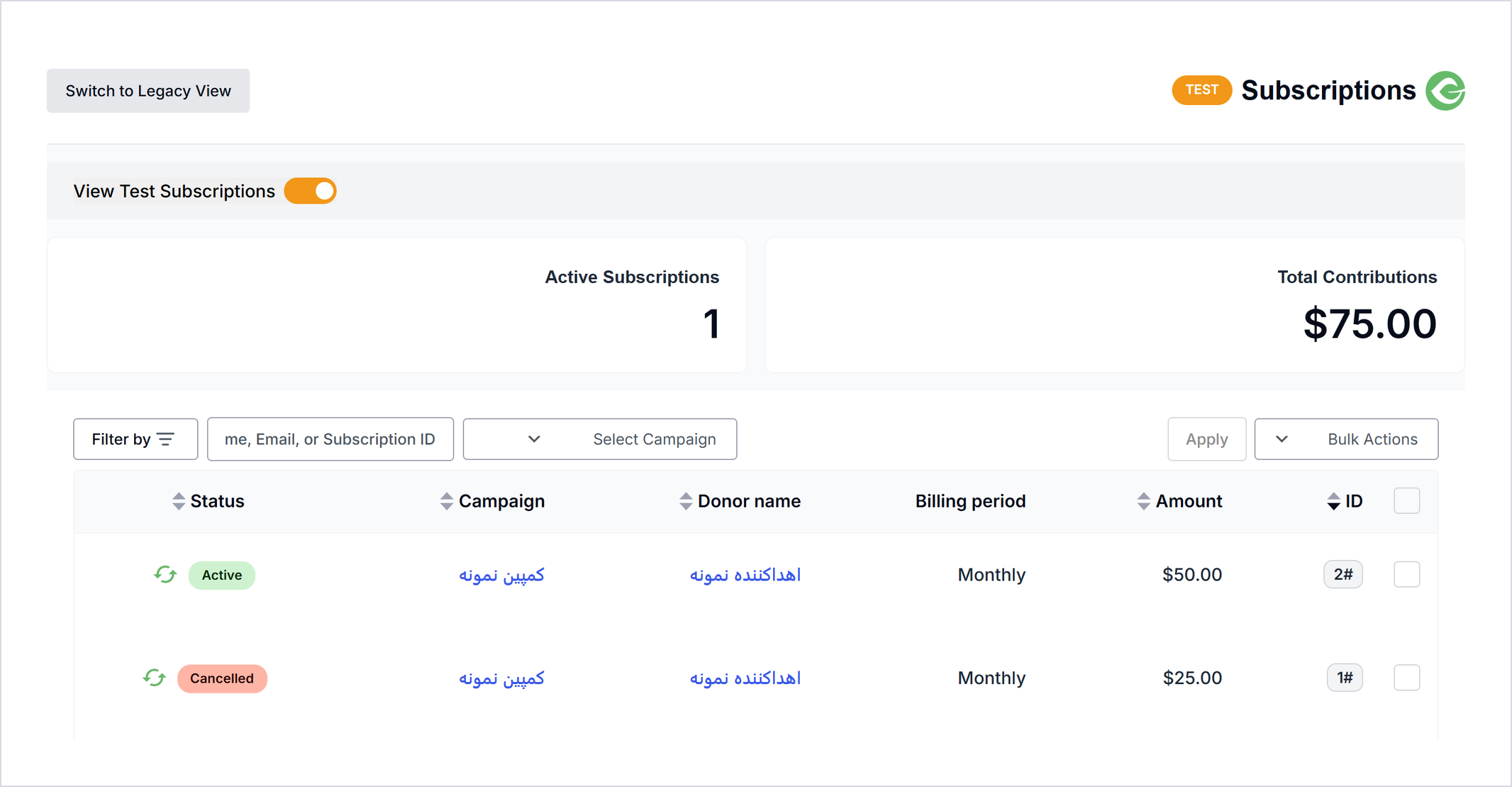 افزونه کمک مالی دورهای گیو | Give – Recurring Donations 3 فهرست اشتراکها در پیشخوان Give با وضعیت، کمپین، اهداکننده، بازه و مبلغ