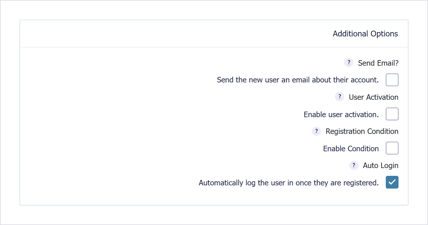 بخش Additional Options در تنظیمات فید User Registration گرویتی فرمز: کادر Auto Login با برچسب Automatically Log The User In Once They Are Registered تیک خورده است