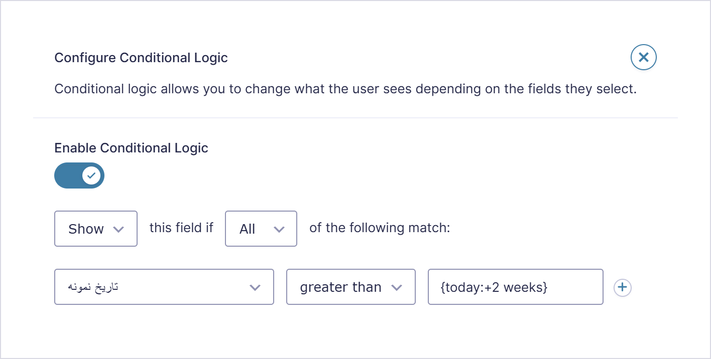 پنجره Configure Conditional Logic در ویرایشگر گرویتی فرمز با قانونی که فیلد تاریخ را با مقدار نسبی دو هفته بعد مقایسه می‌کند