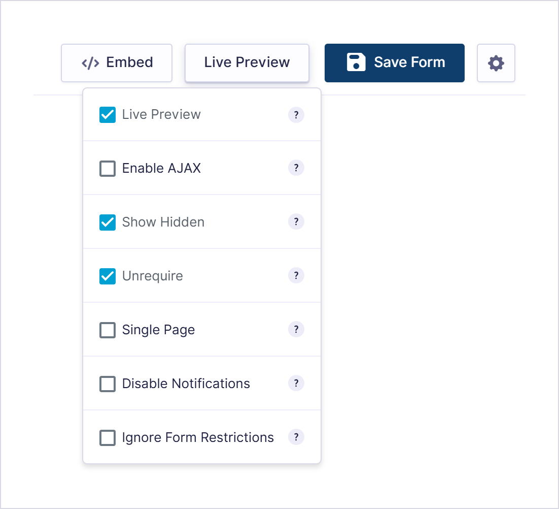 افزونه پیشنمایش زنده برای گرویتی فرمز | Gravity Perks – Gravity Forms Live Preview 1 منوی Preview در ویرایشگر گرویتی فرمز با گزینههای پیشنمایش زنده؛ سه گزینه تیک خورده است