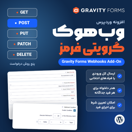 تصویر افزونه وب‌هوک گرویتی فرمز (Gravity Forms Webhooks Add-On) با نشان Gravity Forms، پنج روش درخواست و صفحه تنظیمات یک فید