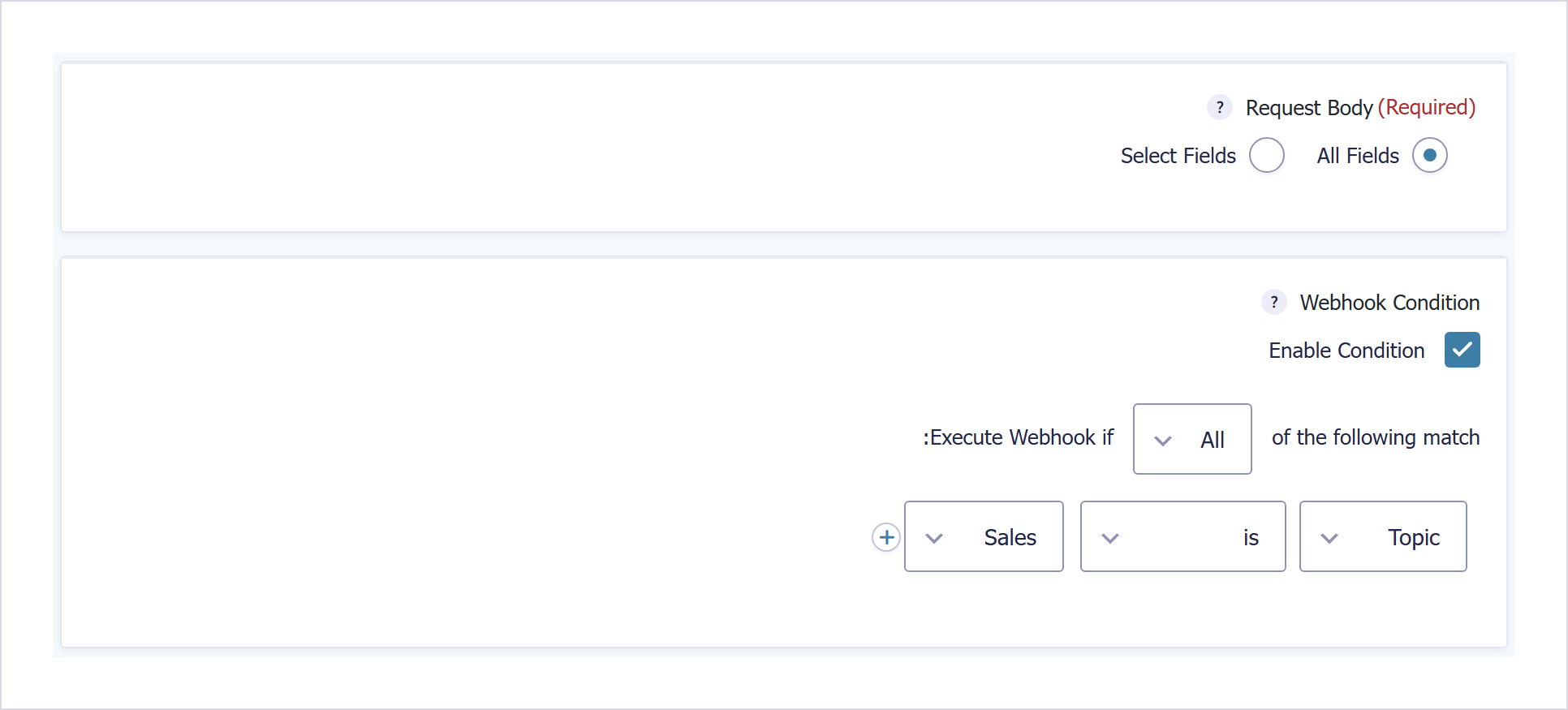 افزونه وبهوک گرویتی فرمز برای ارتباط Api با سرویسهای دیگر | Gravity Forms Webhooks Add-On 2 بخش Webhook Condition در Gravity Forms Webhooks Add-On با شرط «موضوع برابر Sales است»