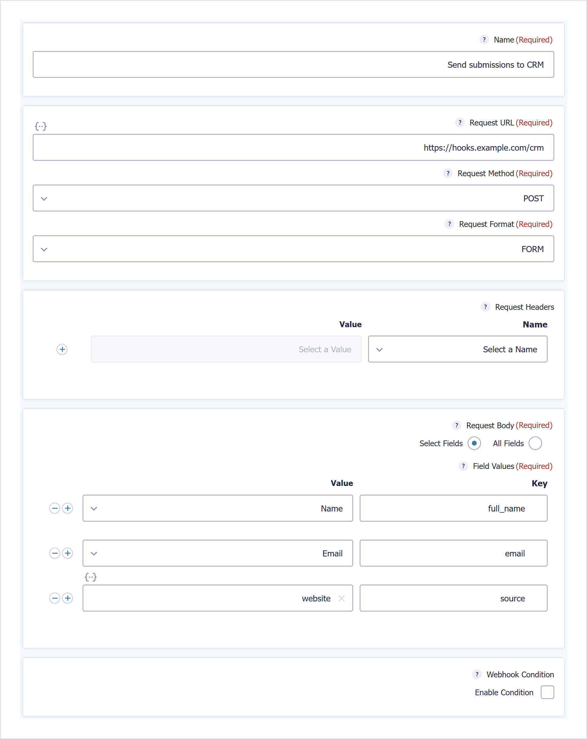 افزونه وبهوک گرویتی فرمز برای ارتباط Api با سرویسهای دیگر | Gravity Forms Webhooks Add-On 1 صفحه تنظیمات یک فید در Gravity Forms Webhooks Add-On: نام، آدرس درخواست، روش، قالب، هدرها و بدنه درخواست