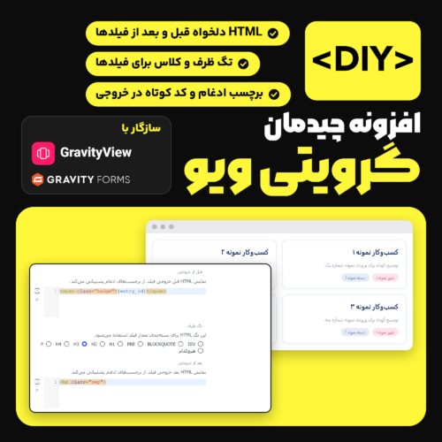 تصویر افزونه چیدمان گرویتی ویو (GravityView DIY Layout): آرم DIY، تنظیمات فیلد و خروجی کارتی ورودی‌ها