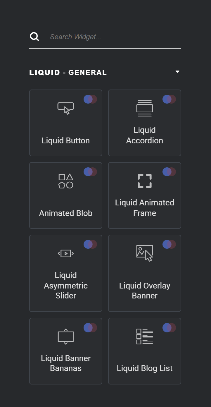 بخشی از پنل ابزارک‌های المنتور با گروه Liquid General و ابزارک‌هایی مثل Liquid Button و Liquid Accordion