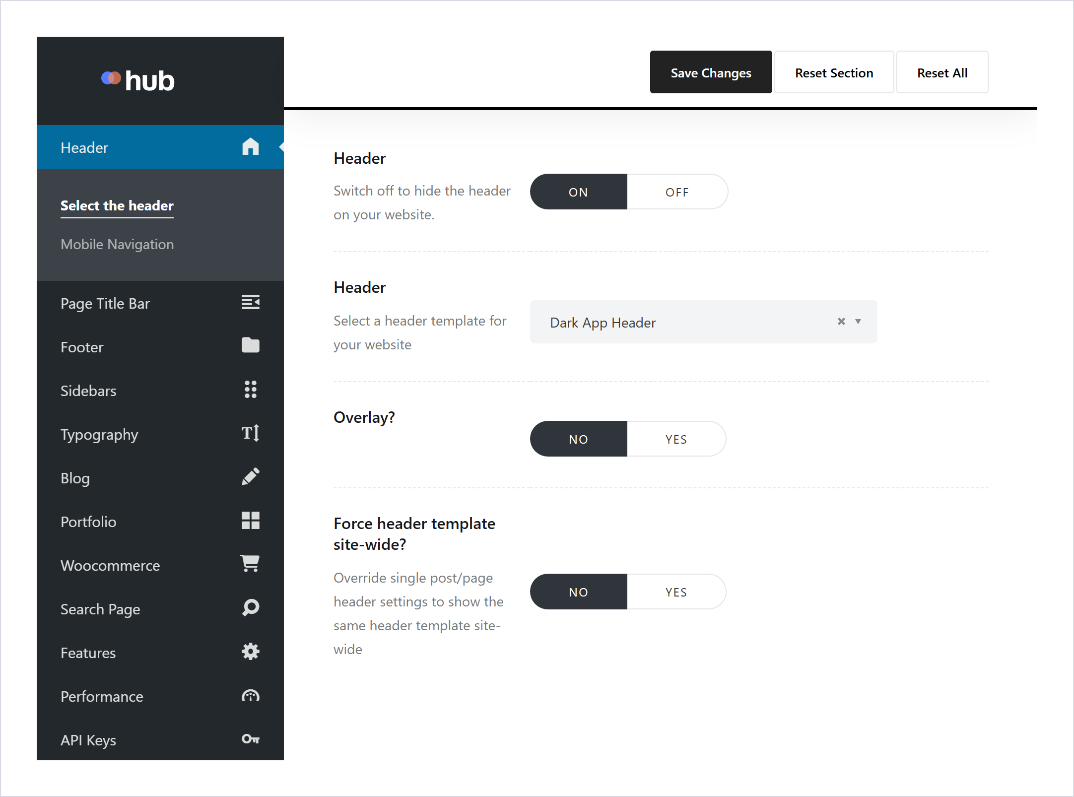 پنل Theme Options با فهرست بخش‌ها در ستون کناری و تنظیمات بخش Header