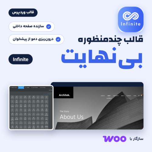 قالب وردپرس چندمنظوره بی‌نهایت (Infinite) با نمایی از برگه About دموی Architek و فهرست المان‌های سازنده صفحه