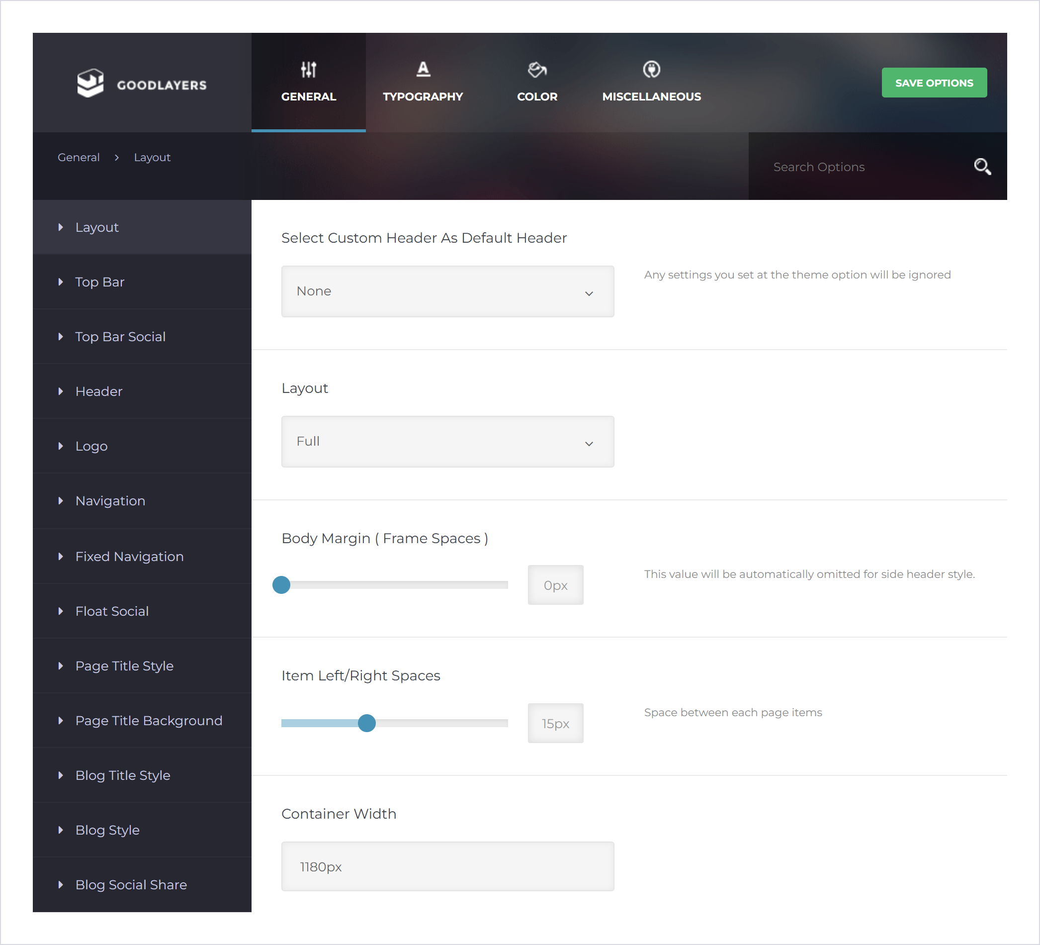 صفحه تنظیمات Goodlayers با زبانه General و بخش Layout