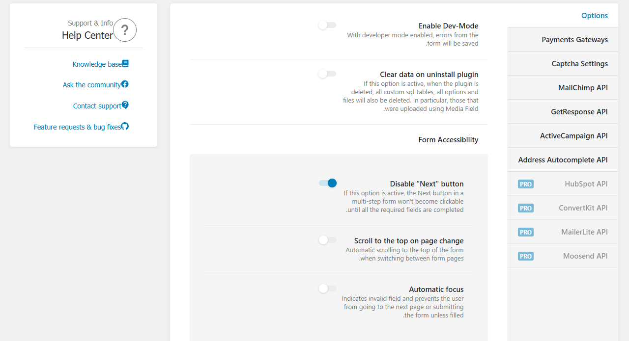 صفحه تنظیمات جت فرم بیلدر با فهرست تب‌ها، از جمله Address Autocomplete Api