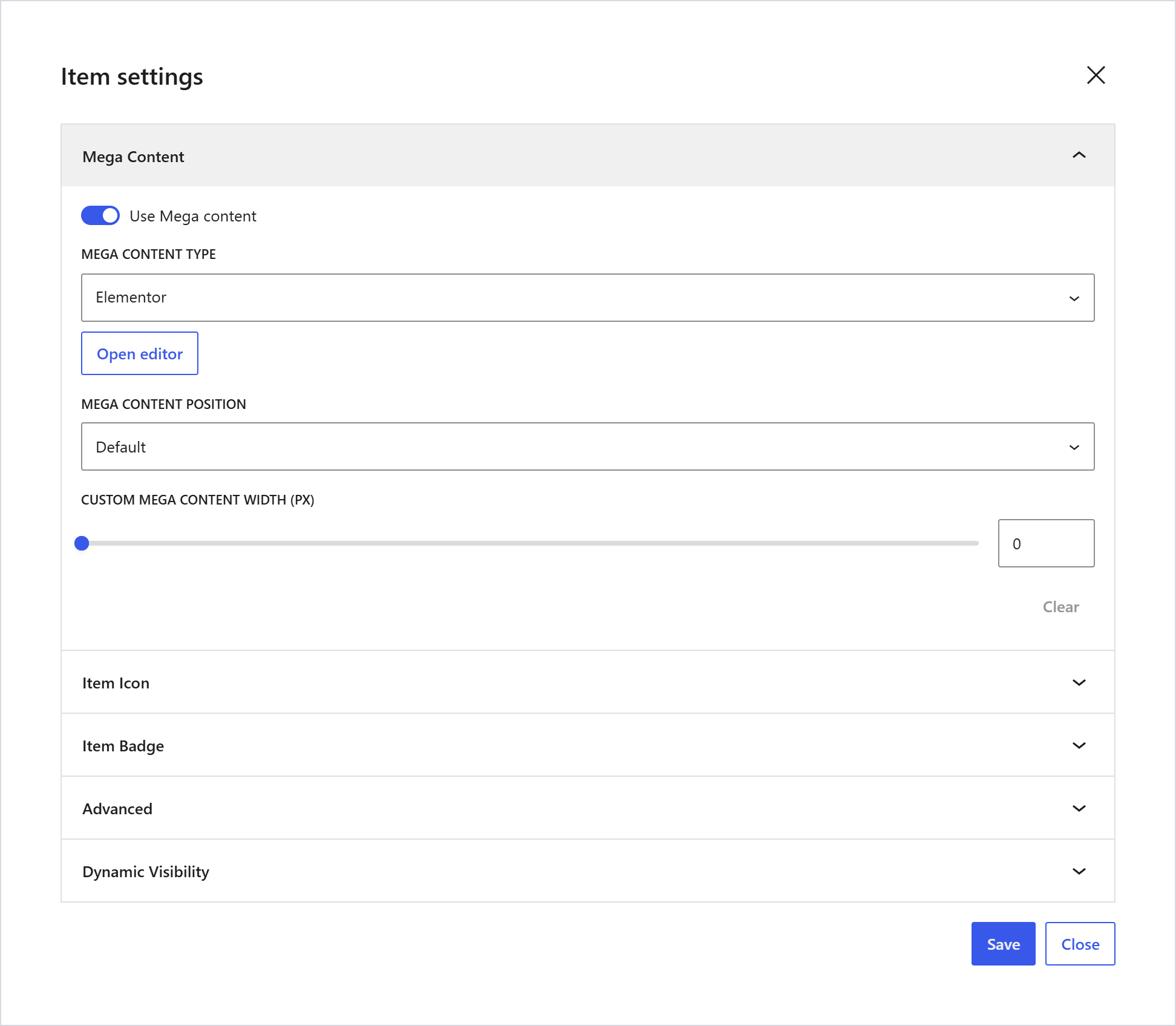افزونه حرفهای ساخت فهرست جت منو برای المنتور | Jetmenu For Elementor 1 پنجره تنظیمات یک گزینه فهرست در Jetmenu، با پنل مگامنو روشن و ویرایشگر المنتور