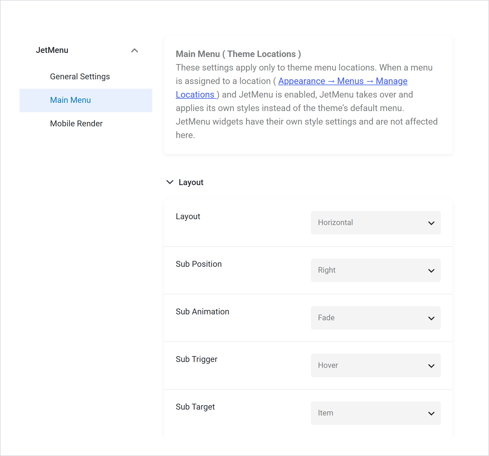 افزونه حرفهای ساخت فهرست جت منو برای المنتور | Jetmenu For Elementor 3 صفحه تنظیمات Jetmenu، بخش Main Menu