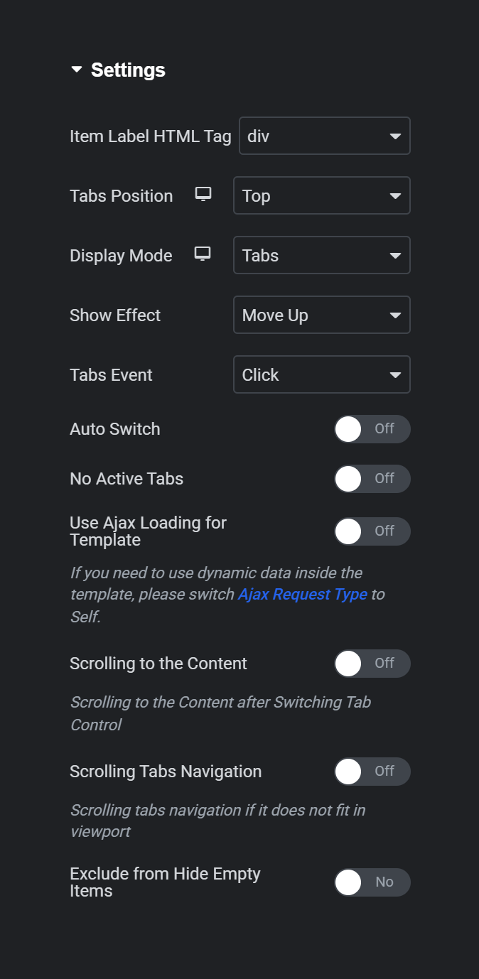 افزونه جت تب برای المنتور | Jettabs For Elementor 1 بخش Settings ویجت Tabs در ویرایشگر المنتور با گزینههای جایگاه تبها، حالت نمایش، افکت و بارگذاری با Ajax