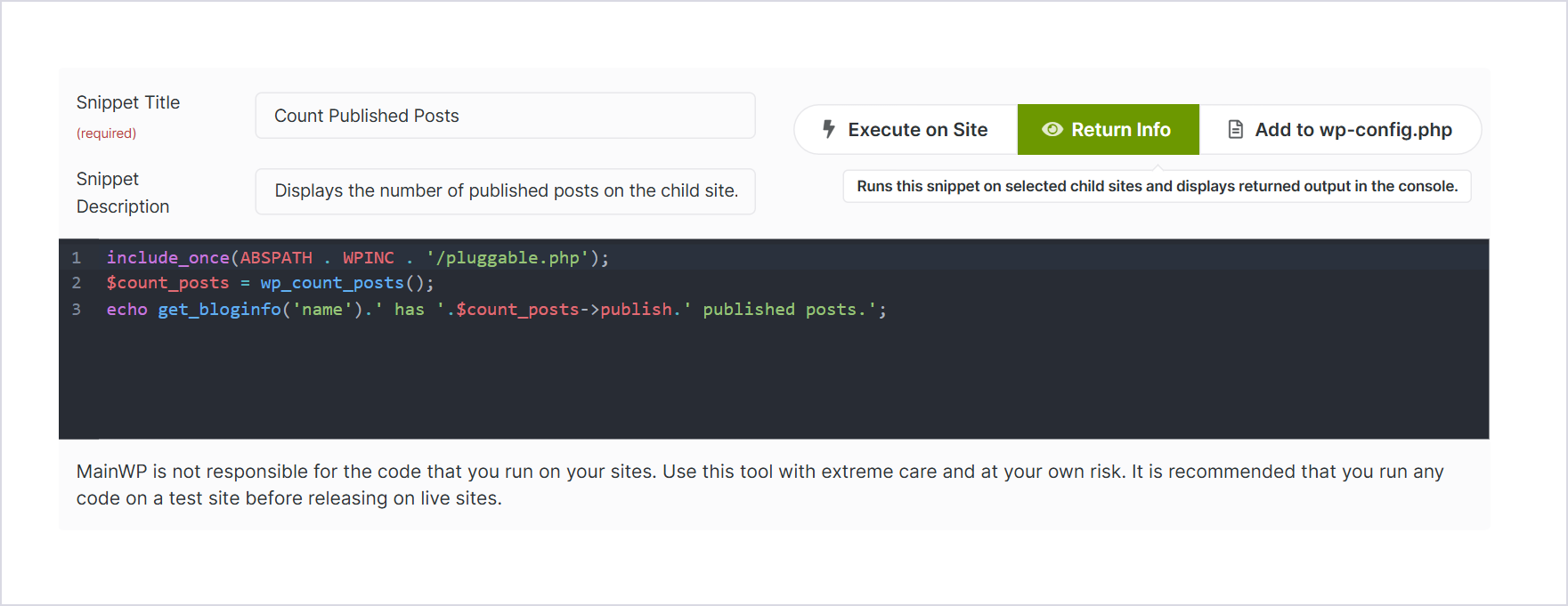 افزونه کد اسنیپتس | Mainwp Code Snippets 2 ویرایشگر قطعهکد در Mainwp Code Snippets با عنوان، توضیح، نوع قطعهکد و کد Php
