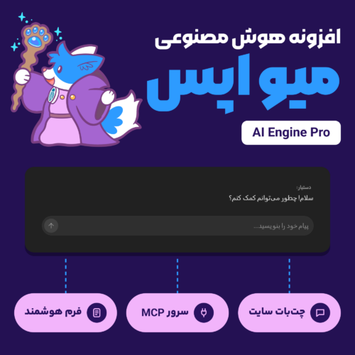 تصویر افزونه هوش مصنوعی میو اپس (AI Engine Pro) با شخصیت کارتونی افزونه، یک چت‌بات فارسی و سه ویژگی افزونه.