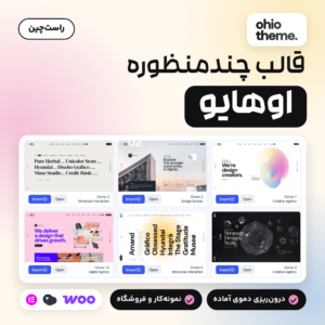 تصویر قالب اوهایو (Ohio) با لوگوی قالب، عنوان قالب چندمنظوره و کارت‌های چند دمو در صفحه Demo Import پیشخوان
