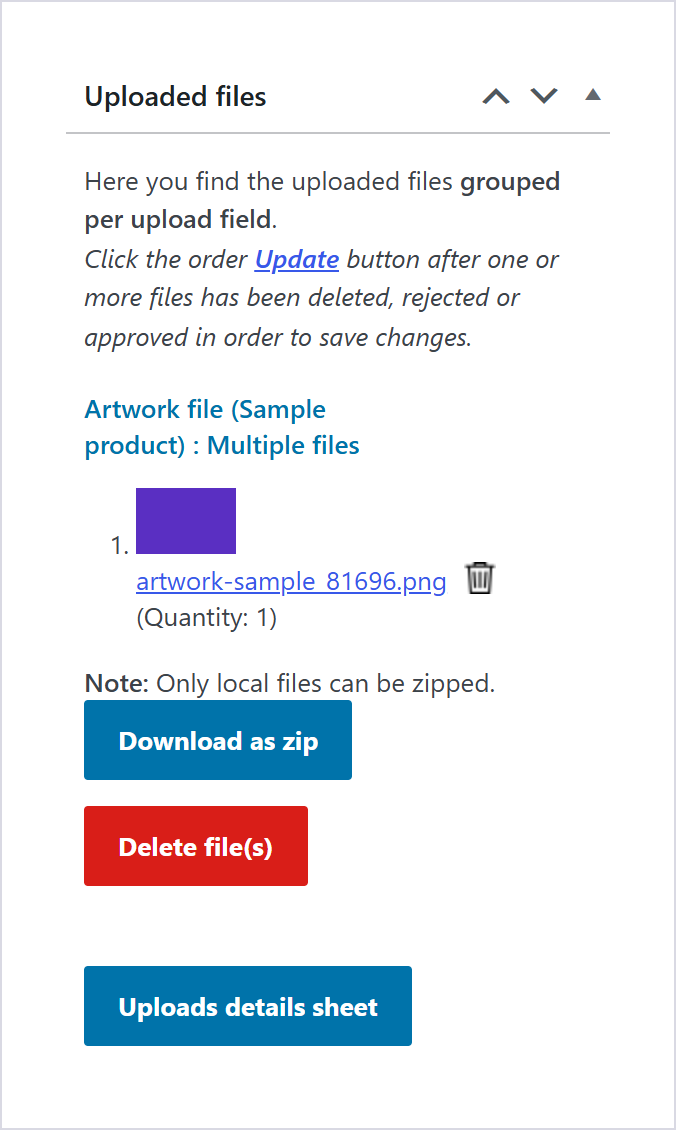 افزونه ووکامرس آپلود فایل | Woocommerce Upload Files 2 جعبه فایلهای آپلودشده در صفحه ویرایش سفارش